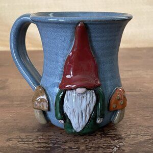 Mudworks Gnome with Mushrooms Mug Blue Stoneware Tea Coffee Cup USA Handmade